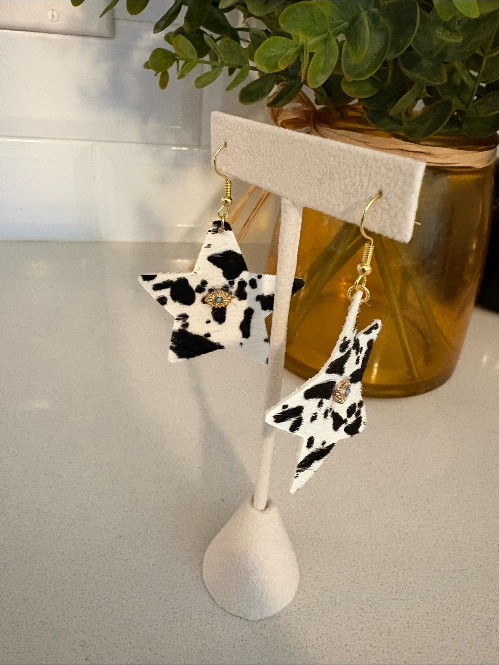 Handmade Black and White Star Cowhide Dangle Earrings - OriAde